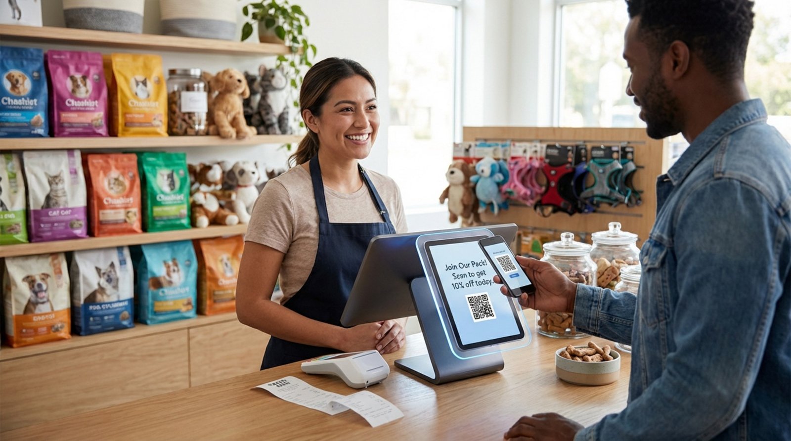 A friendly cashier assists a customer scanning a QR code at a pet store checkout, highlighting digital engagement and promotional offers.