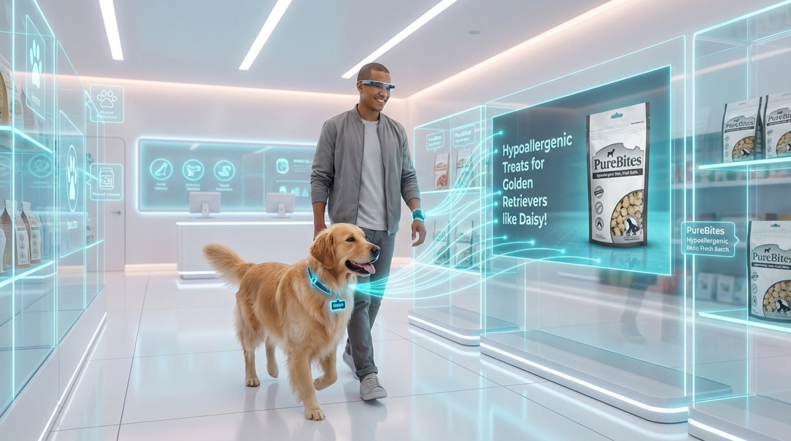 Customer with Golden Retriever walking past a digital screen displaying personalized pet product recommendations.
