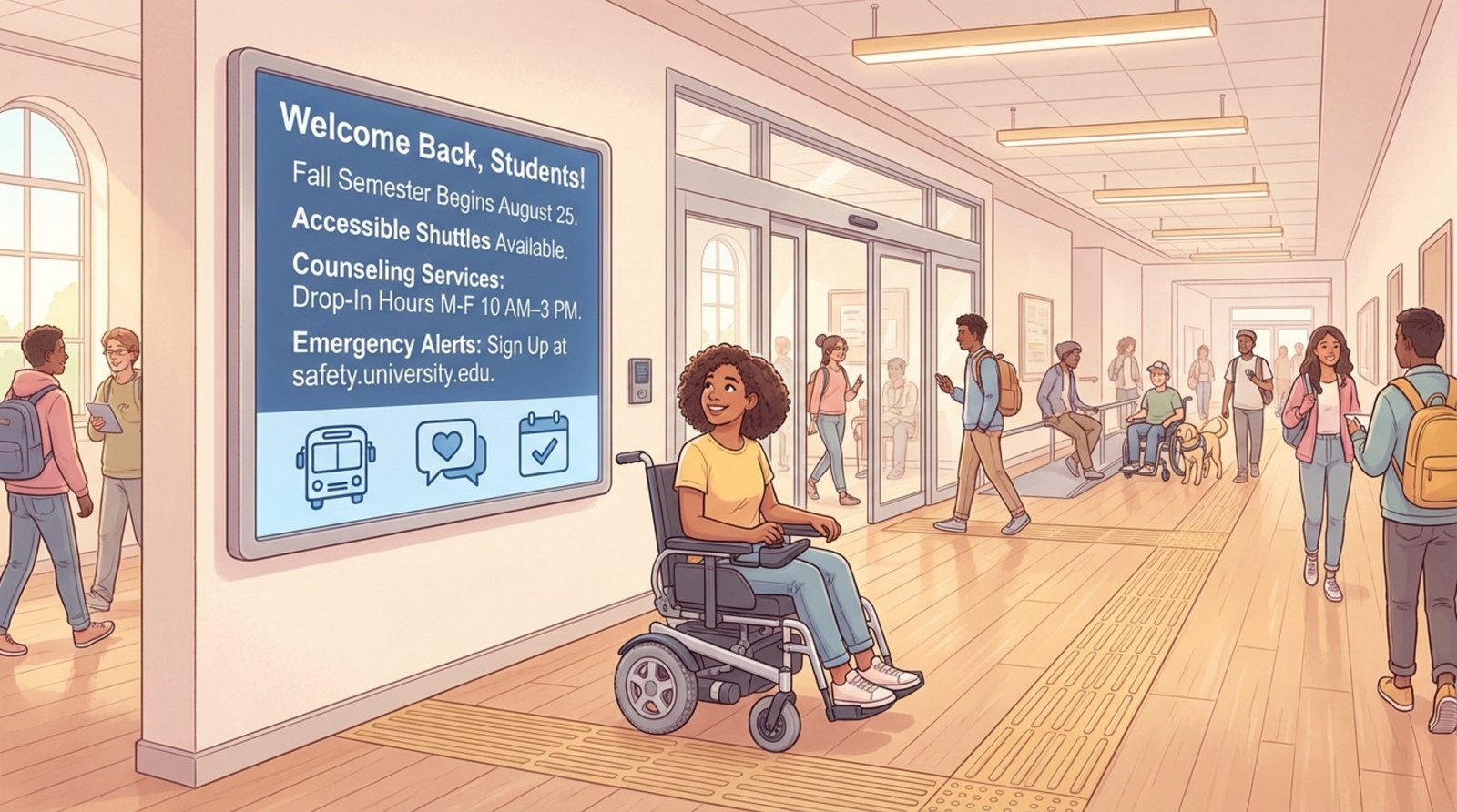 A digital illustration of a university hallway showing an accessible signage screen with high-contrast text and friendly icons for inclusivity and accessibility.