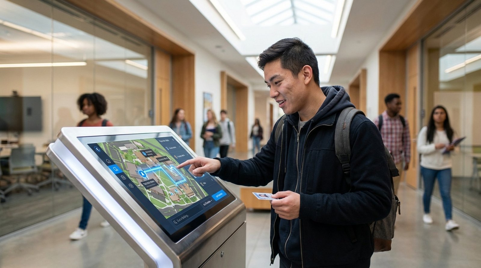 A student interacts with a sleek campus wayfinding kiosk displaying a colorful map, guiding them to Lecture Hall A.