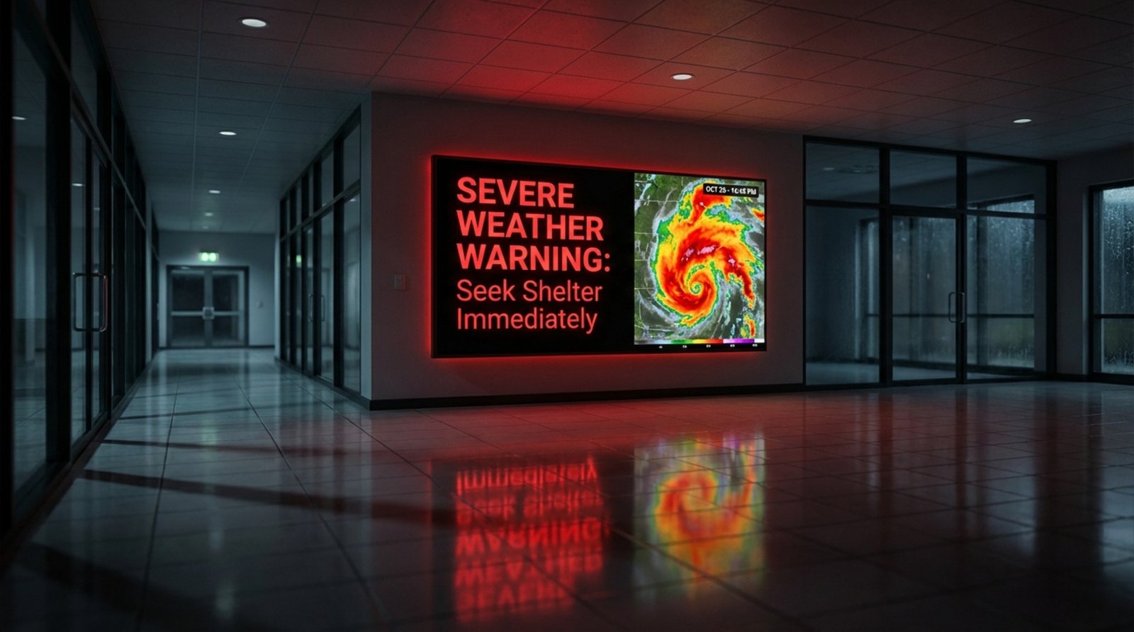 A digital signage screen inside a university displaying a severe weather warning in bold red letters with a weather radar map, emphasizing urgent communication during an emergency.