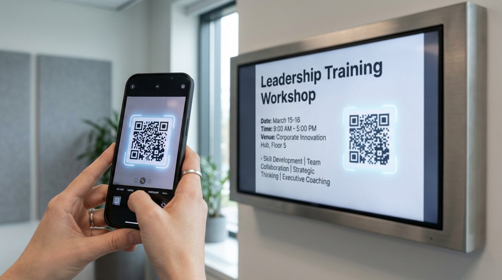 A hand holds a smartphone scanning a QR code on a digital screen displaying a leadership training workshop announcement.