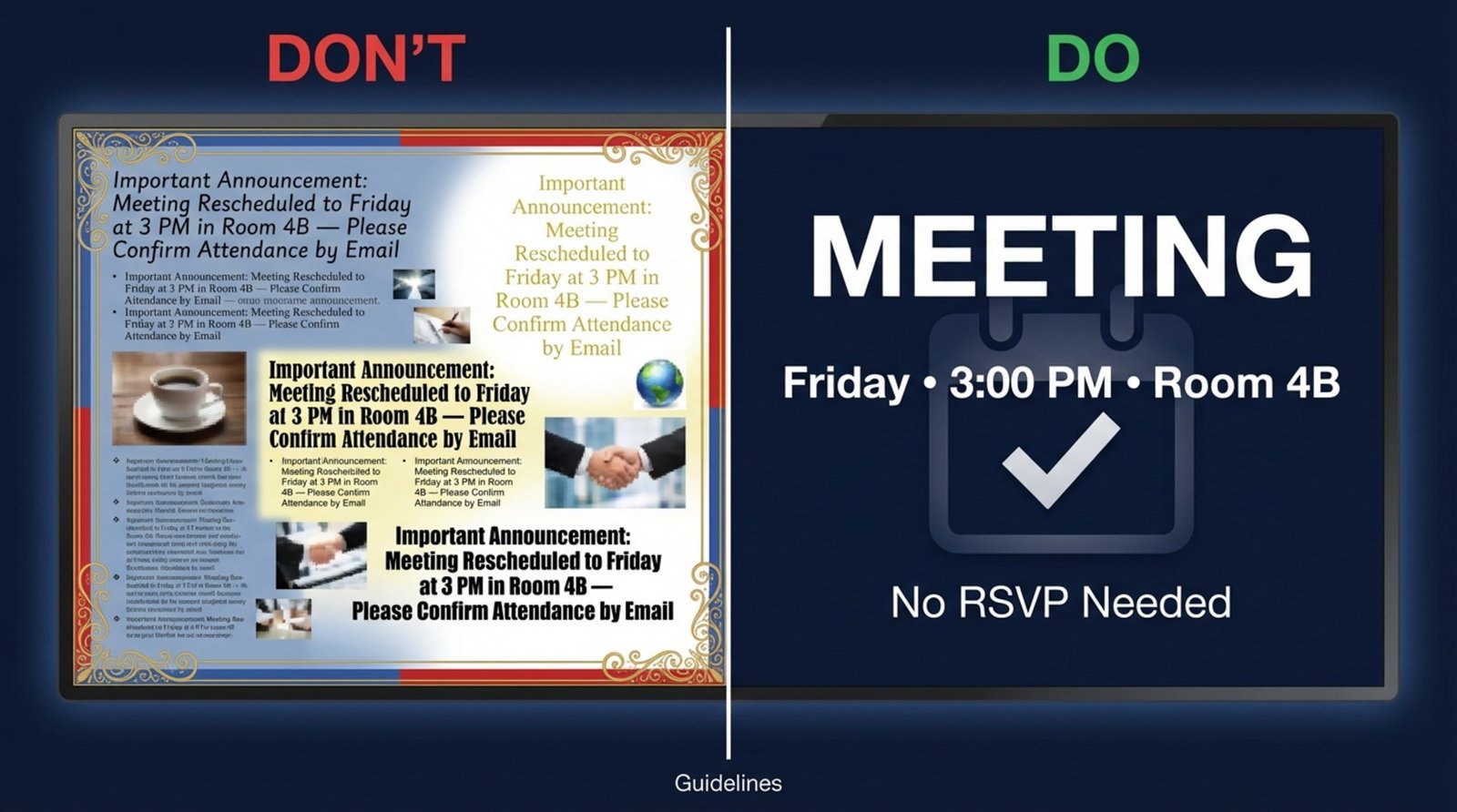 An instructional diagram comparing effective and ineffective digital signage designs, highlighting cluttered versus clean and modern layouts.