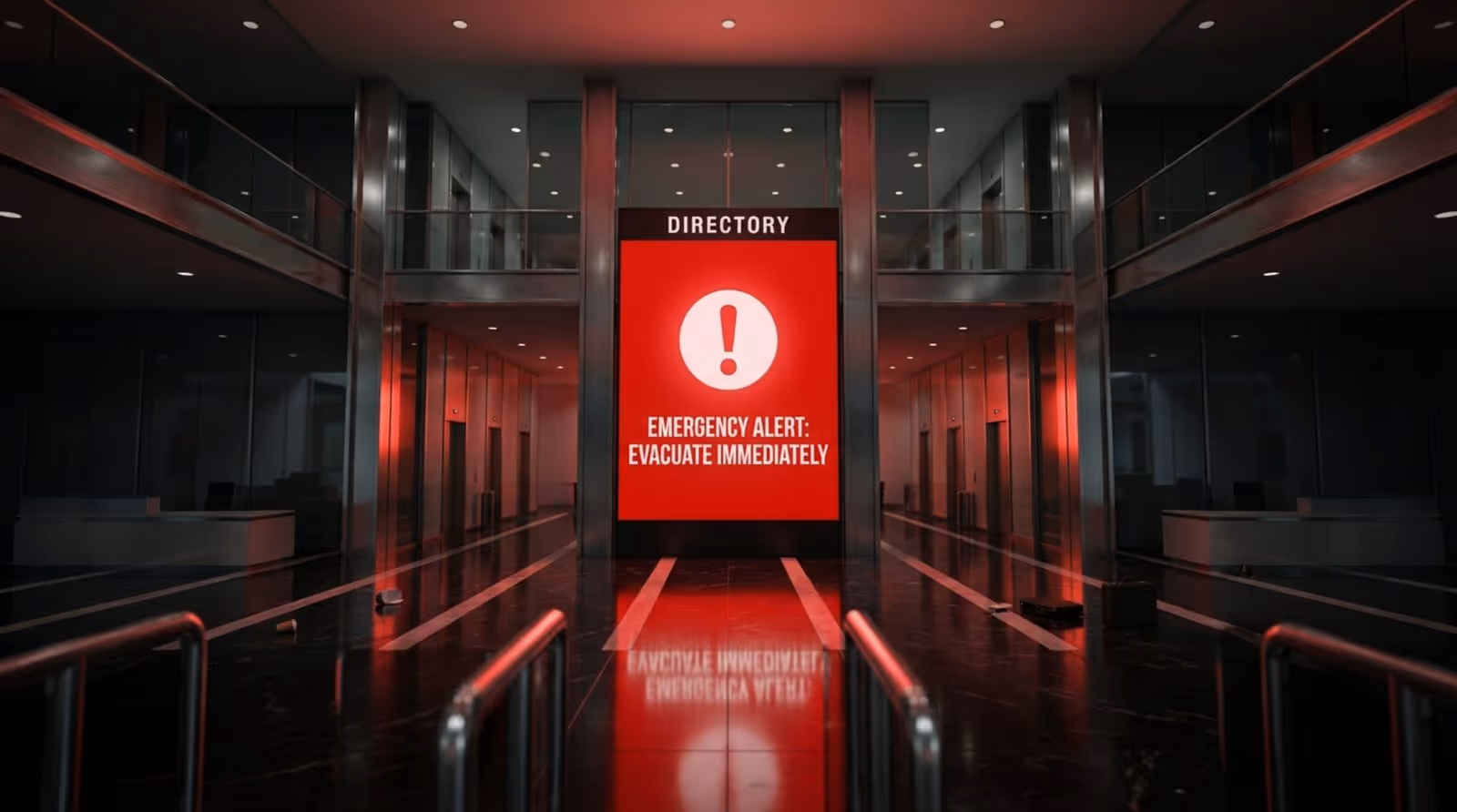 A digital directory screen in a modern lobby displays a bright red emergency alert with an exclamation point and evacuation message, emphasizing urgency.
