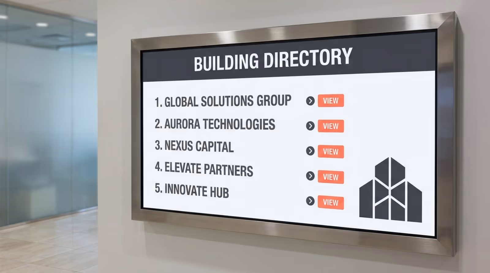 A sleek digital directory screen with minimalist layout emphasizing readability and elegant branding.