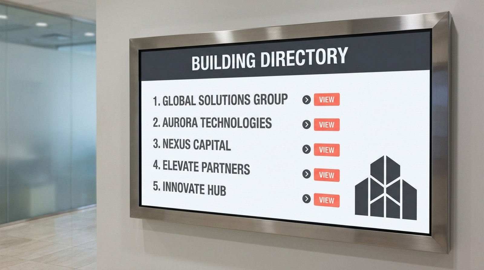 A sleek digital directory screen with minimalist layout emphasizing readability and elegant branding.