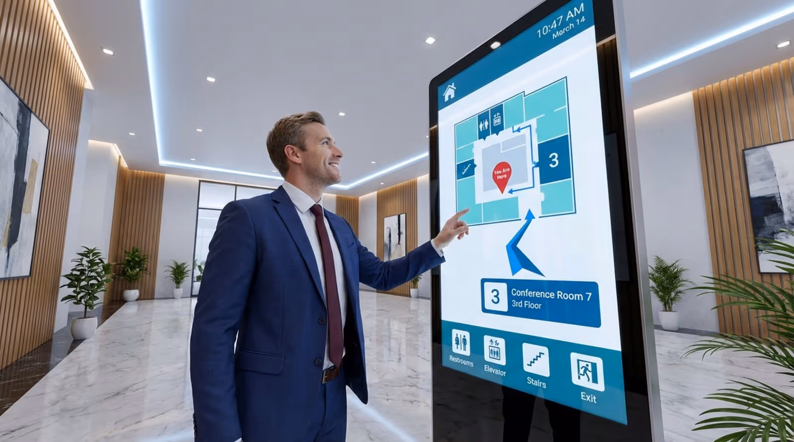 A business visitor confidently uses a touchscreen kiosk in a modern office lobby to find their destination.