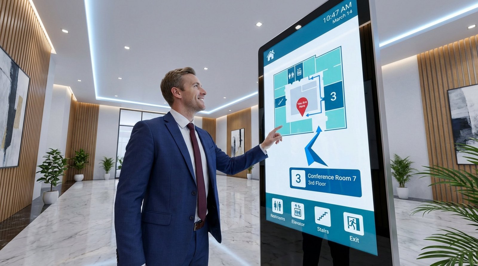 A business visitor confidently uses a touchscreen kiosk in a modern office lobby to find their destination.