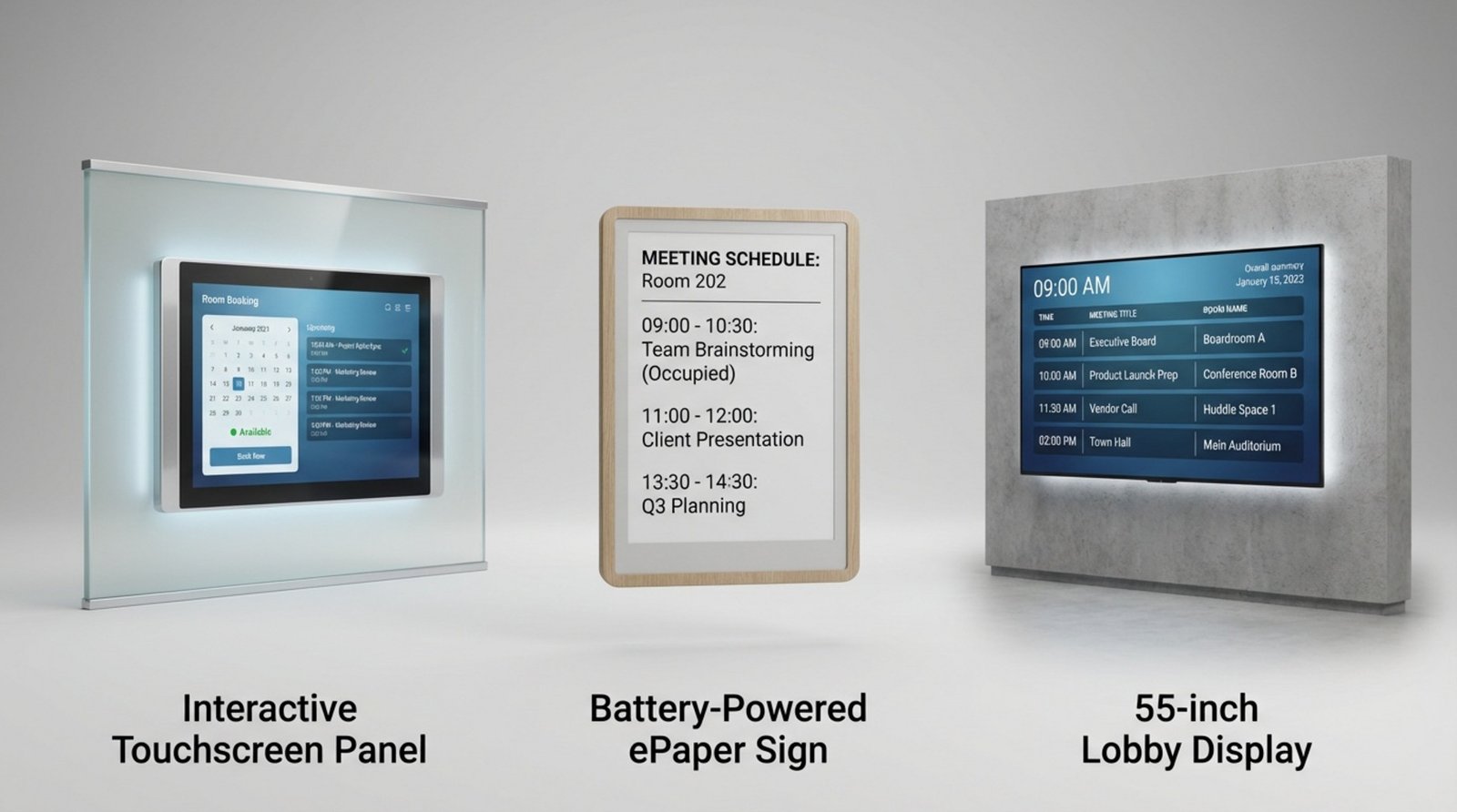 Composite image of three types of conference room digital signage devices against a neutral background showing an interactive touchscreen, ePaper sign, and large display with meeting summaries.
