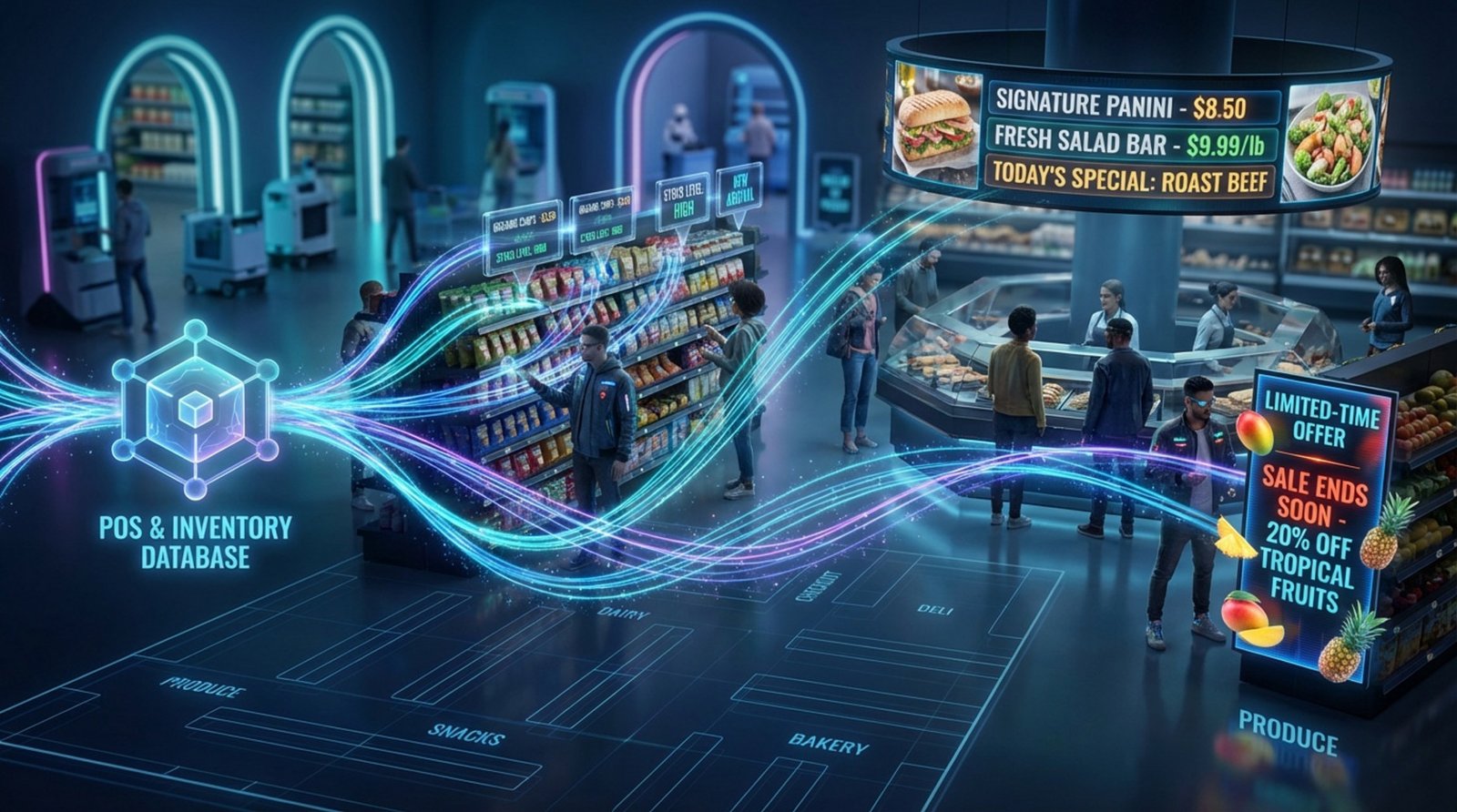 A futuristic diagram showing data flow from a central POS system to digital signs in a grocery store, highlighting connected displays and a store layout background.