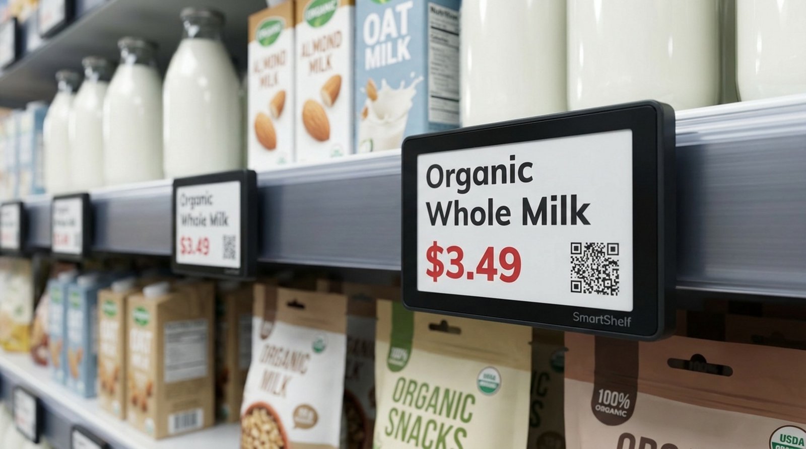 Close-up of a digital shelf label displaying product name price and QR code in a grocery store setting.