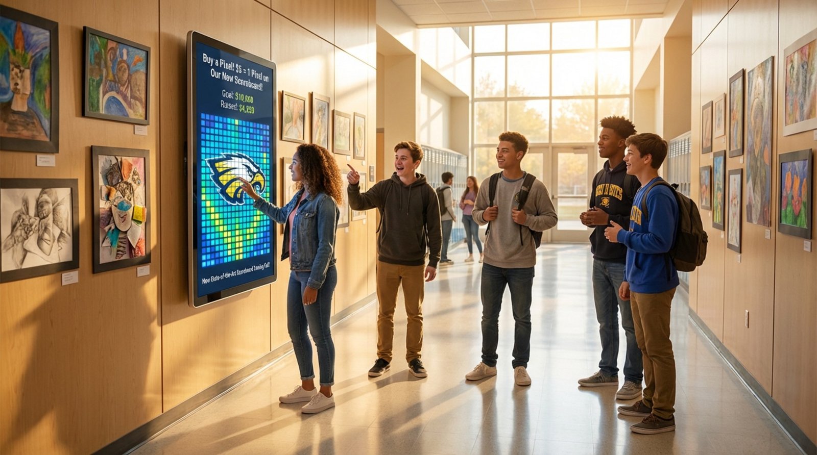 A school hallway with a digital screen displaying a fundraiser graphic for a sports scoreboard, surrounded by interested students.