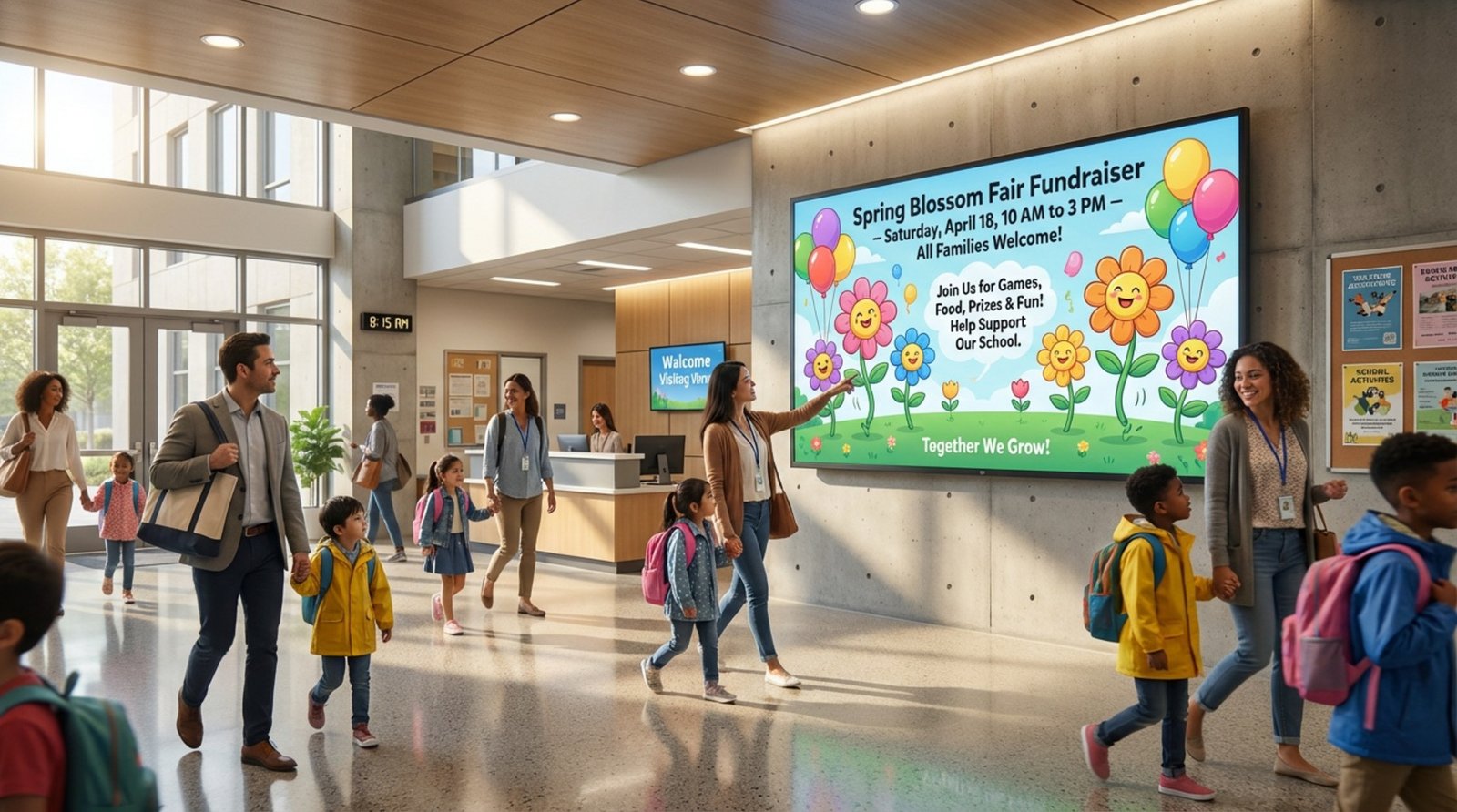 A digital display in a busy school lobby shows an animated announcement for a school fair fundraiser during morning drop-off.