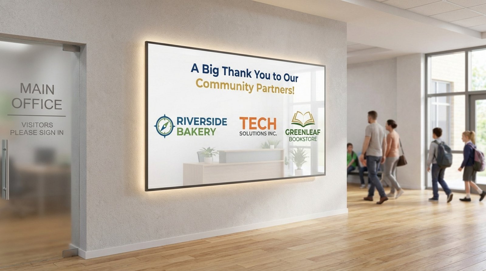 A digital screen in a school's reception displays logos of local businesses under a thank you message, showcasing community partnerships.