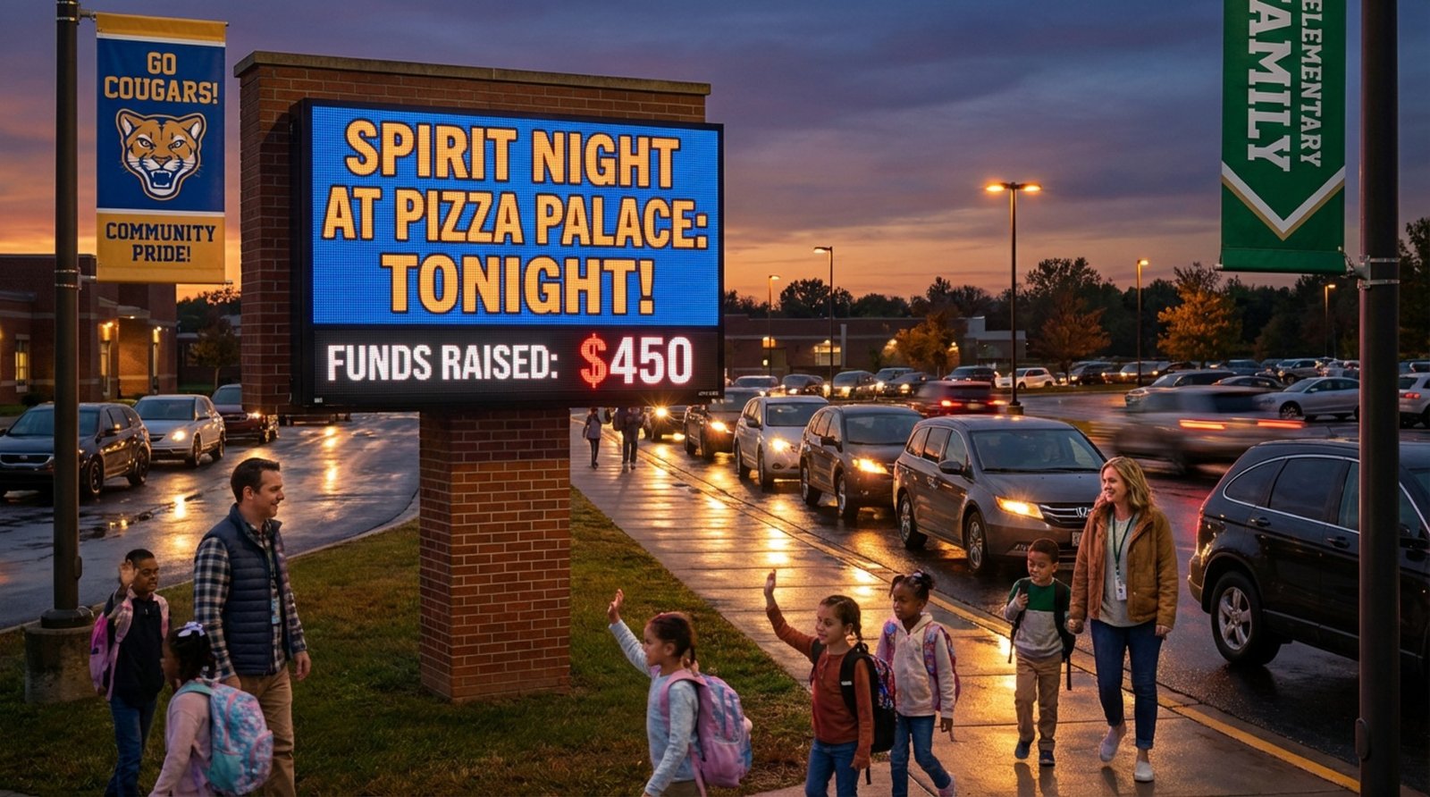 A bright outdoor LED sign at dusk displays a school event countdown and funds raised, with cars in line for pickup creating a community scene.
