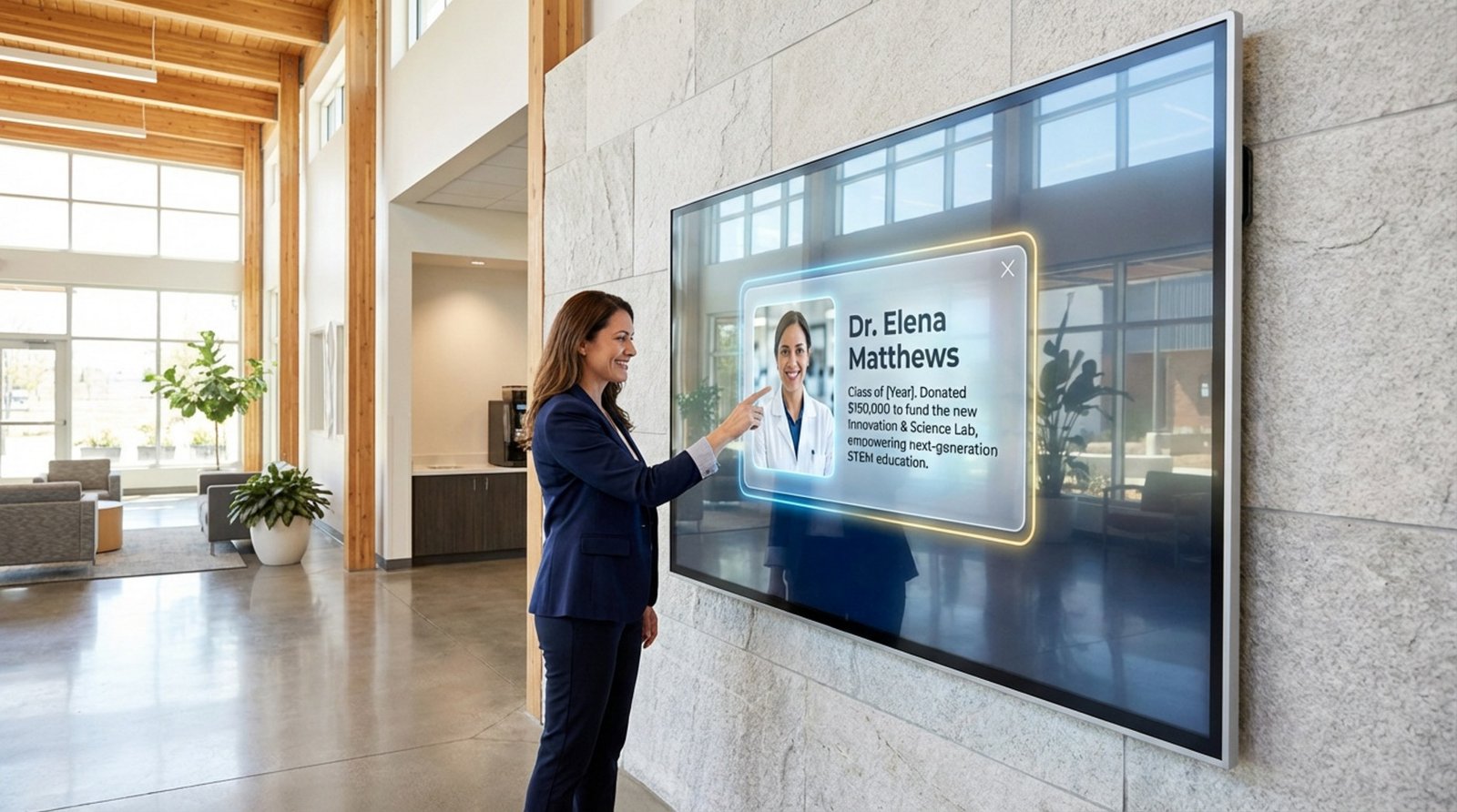 A woman interacts with a large touchscreen in a school atrium displaying a donor's profile and contribution story.