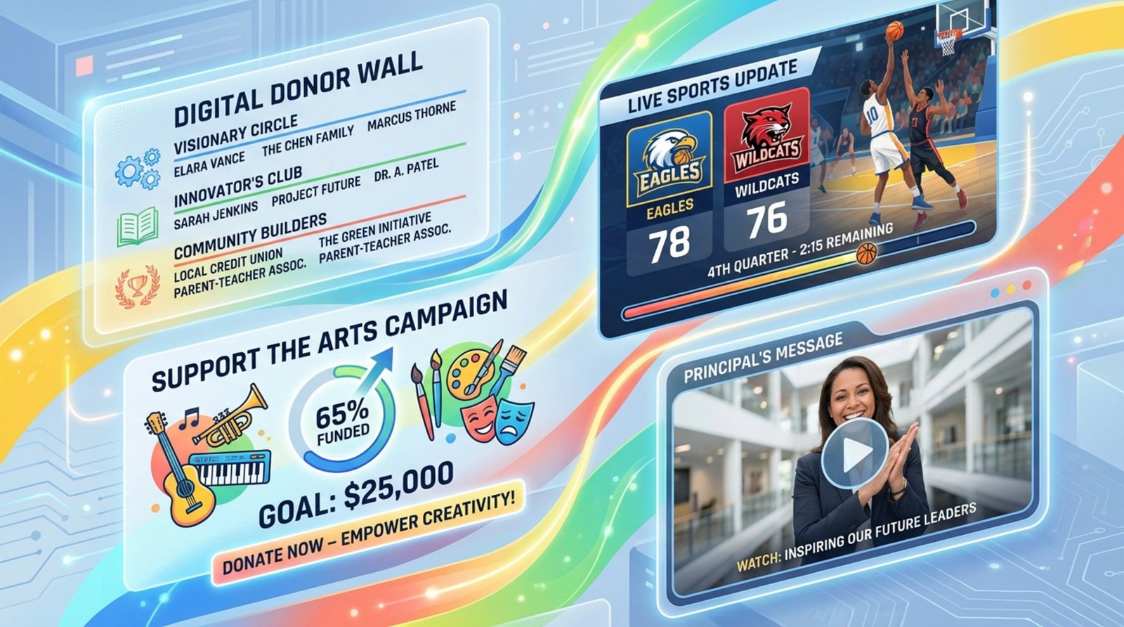 A collage illustrating various uses of school digital signage including donor walls sports scores campaign announcements and principal videos.