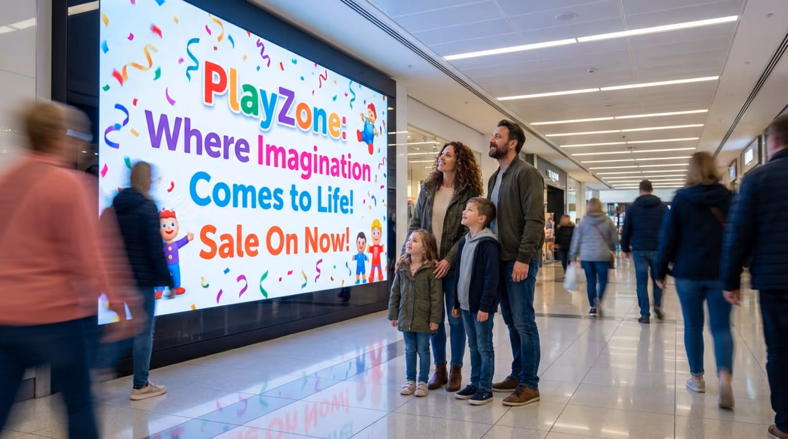A family stops to watch a colorful video advertisement on a large digital screen in a busy mall corridor, illustrating dwell time.