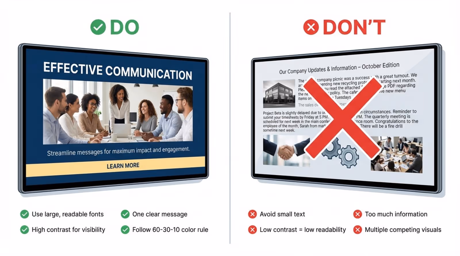 Infographic illustrating effective digital signage design with a clear do and don't comparison.
