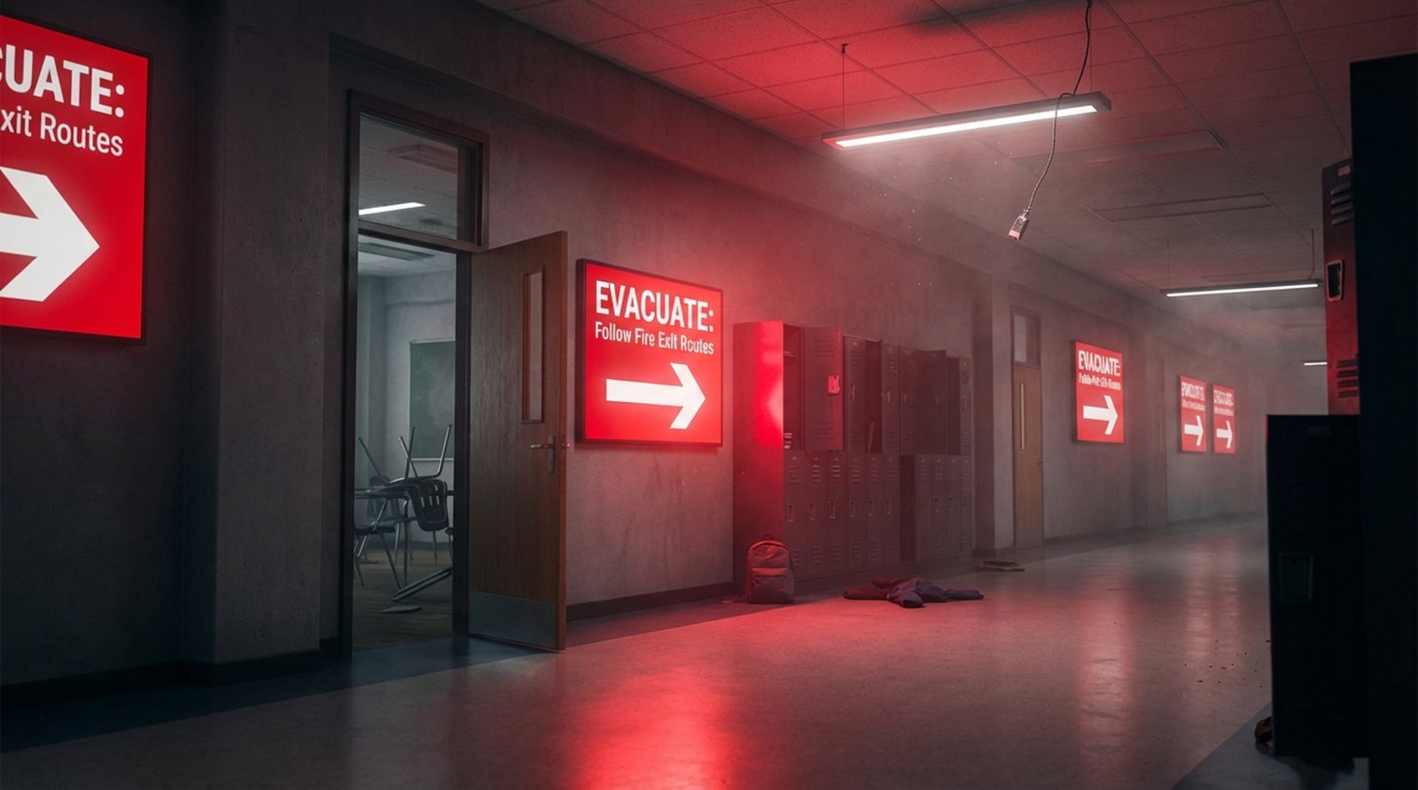 A school hallway with digital signage displaying a bright red emergency alert and evacuation instructions.