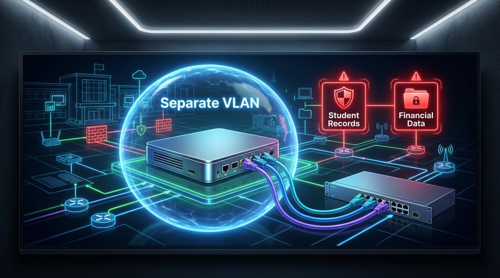 A digital signage media player inside a protective bubble labeled Separate VLAN isolates it from the main school network with sensitive data icons outside.