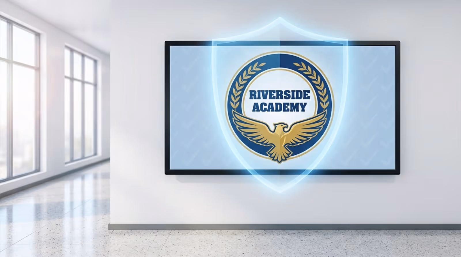 A digital screen in a school hallway displays the school's logo and mascot with a shield overlay, symbolizing protection and brand consistency.