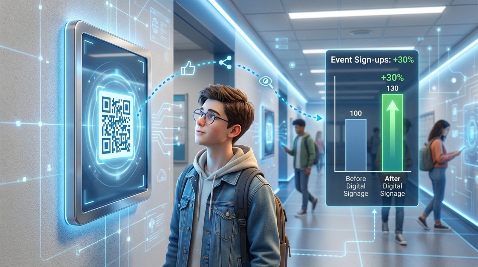 A student observes a digital sign with a QR code connected to a chart showing increased event sign-ups, illustrating measuring engagement and impact of digital signage.