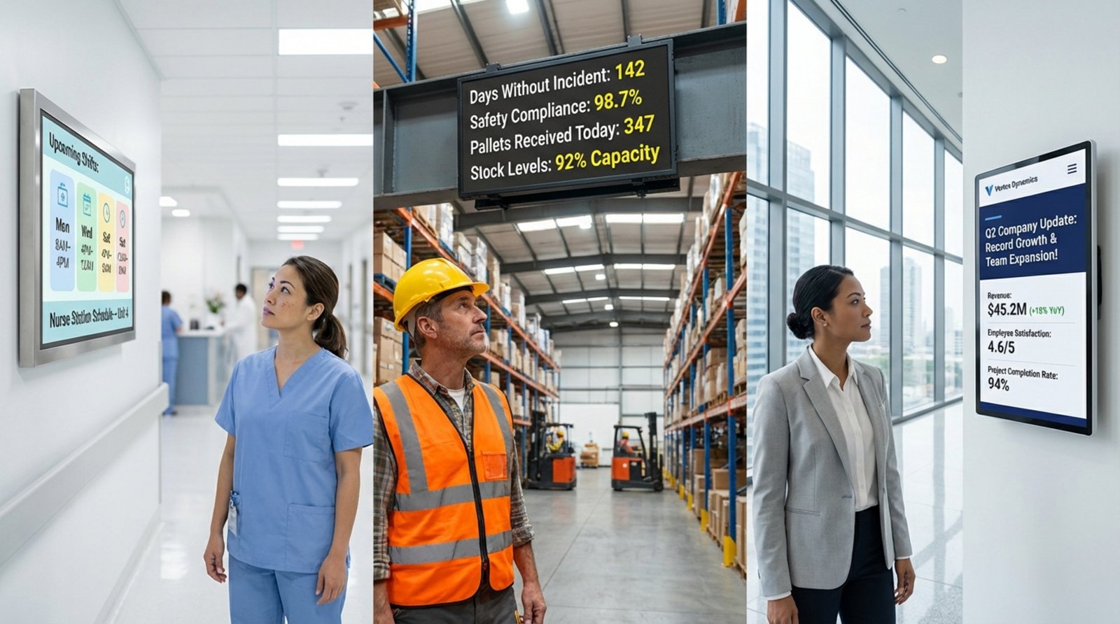 Composite image showing digital signage in hospital, warehouse, and office settings displaying relevant information.