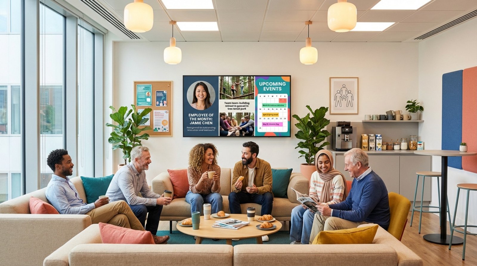 A lively break room with colleagues relaxing and chatting, featuring a digital screen showing employee awards and event photos.