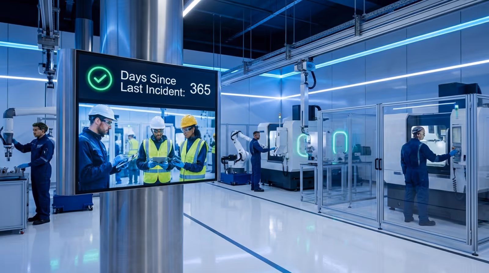A wide-angle view of a modern manufacturing plant showing a safety message on a digital screen and workers operating machinery safely.