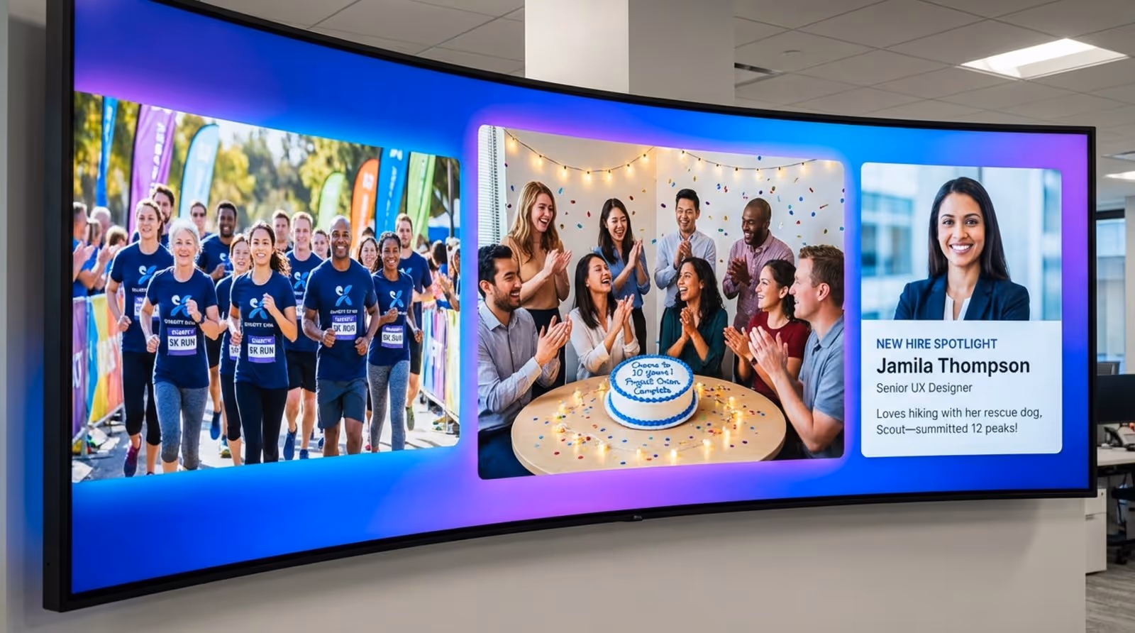 A digital display showcasing a vibrant collage of team activities and celebrations highlighting company culture.