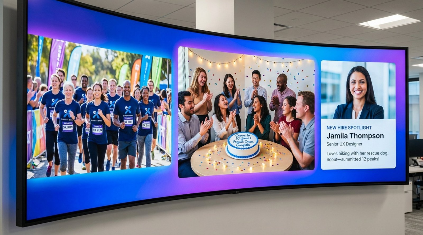 A digital display showcasing a vibrant collage of team activities and celebrations highlighting company culture.
