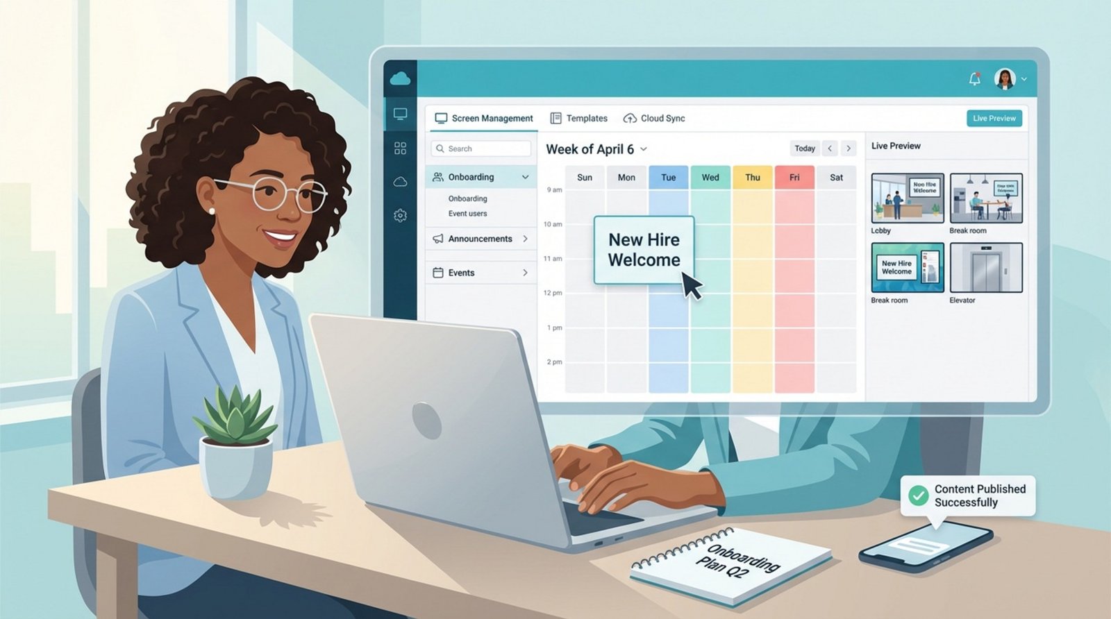 An HR professional uses a laptop with a digital signage CMS dashboard to organize content efficiently.