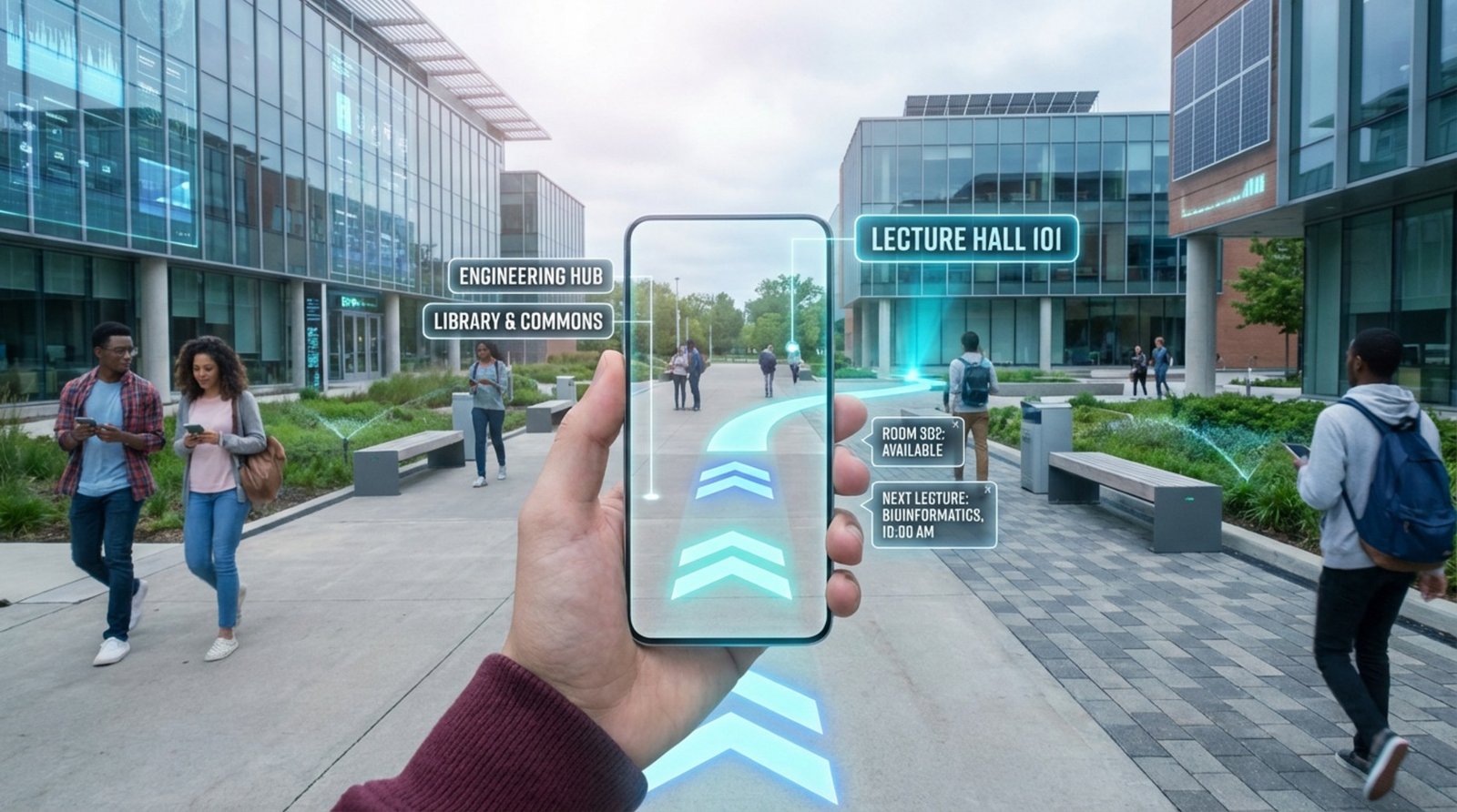 A student walks through a high-tech campus with an AR view on their smartphone, showing digital arrows and information guiding to Lecture Hall 101.