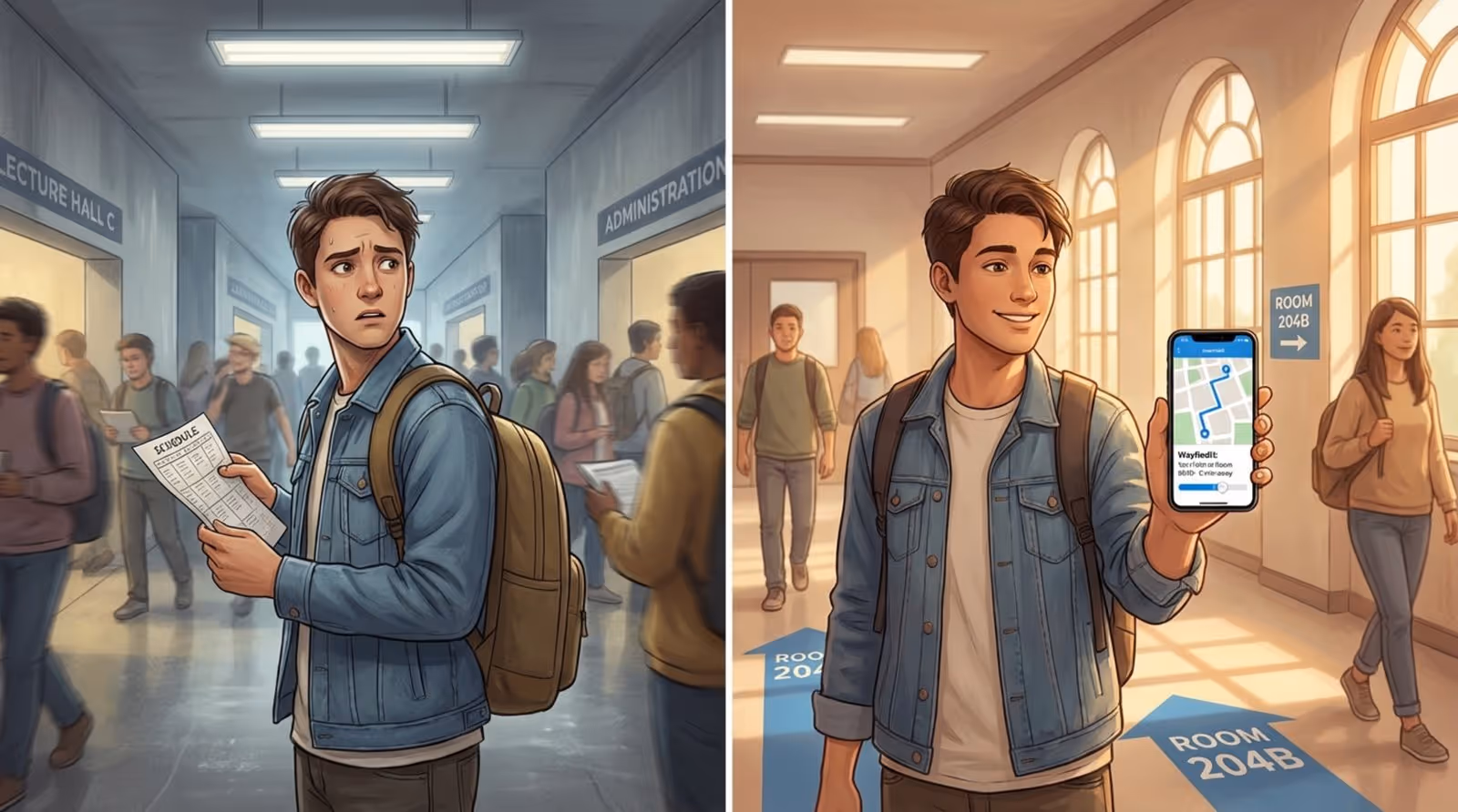 A student transitions from feeling overwhelmed in a busy university hallway to confidently using a smartphone with a campus map.
