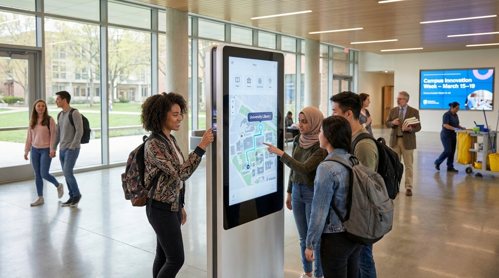 A touchscreen kiosk in a university lobby displaying directions to the library with students gathered around.