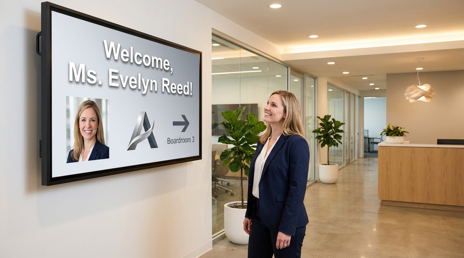 A professional visitor smiles at a digital welcome screen displaying her name and photo in a modern office lobby.