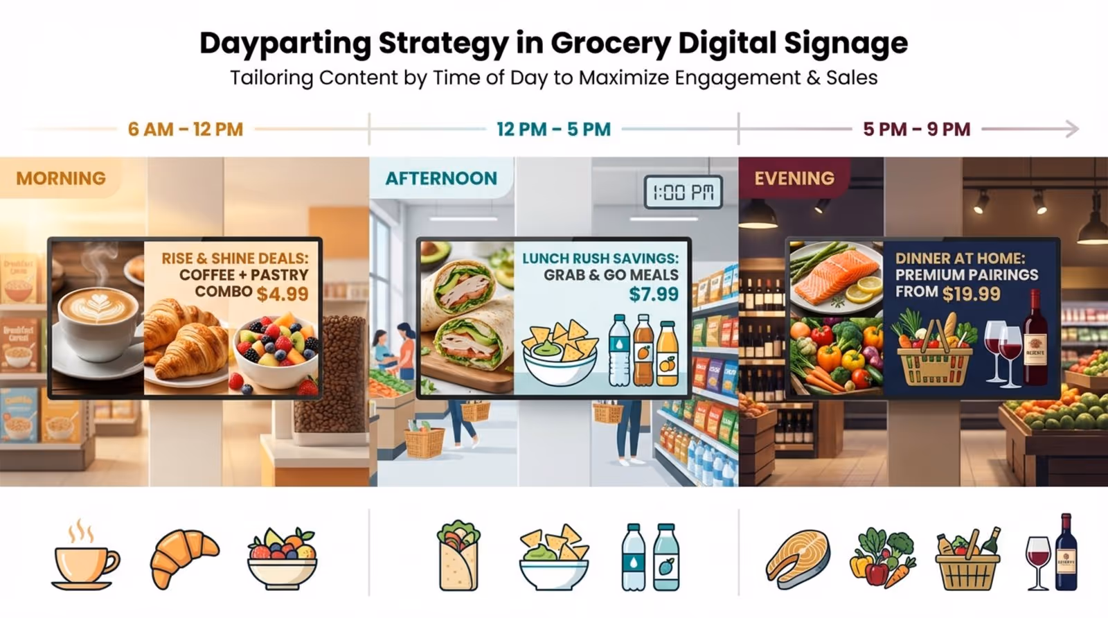 Modern infographic illustrating dayparting in grocery store digital signage with panels for morning afternoon and evening promotions
