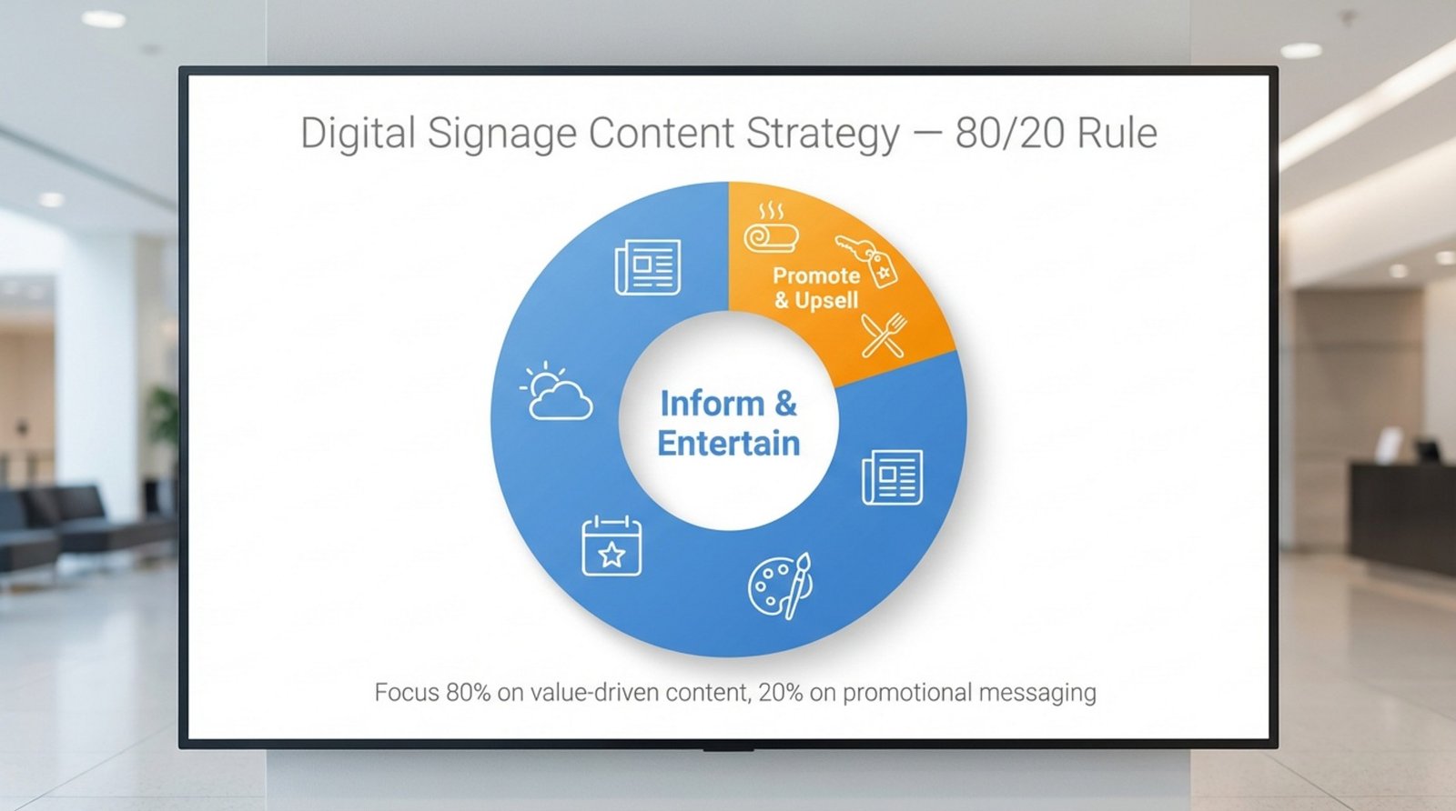 A minimalist infographic illustrating the 80/20 rule for digital signage content with a large donut chart showing 80 percent in blue for informing and entertaining, and 20 percent in orange for promoting and upselling.
