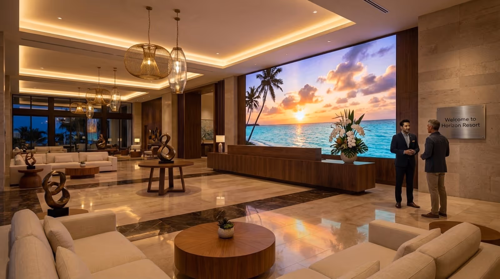 A luxurious resort lobby features a large LED video wall displaying a sunset over the ocean, creating a welcoming and high-end atmosphere.