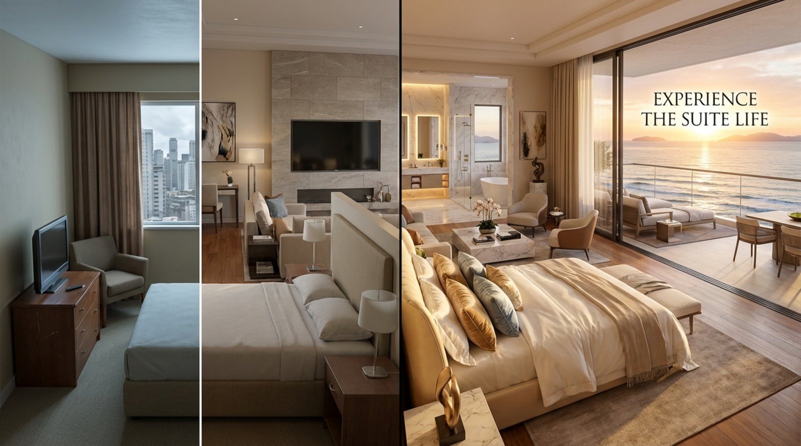Split-screen image contrasting a standard hotel room with a luxurious suite overlooking the ocean at sunrise to promote room upgrades.