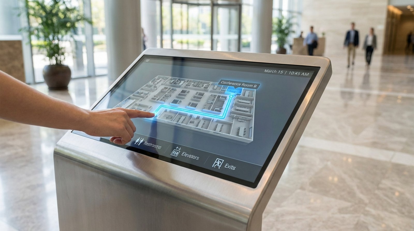 A hand interacts with a sleek digital kiosk displaying a 3D map for navigation in a modern office lobby.