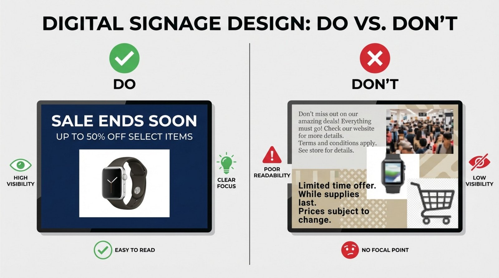 An infographic comparing effective and ineffective digital signage content design with clear visual examples.