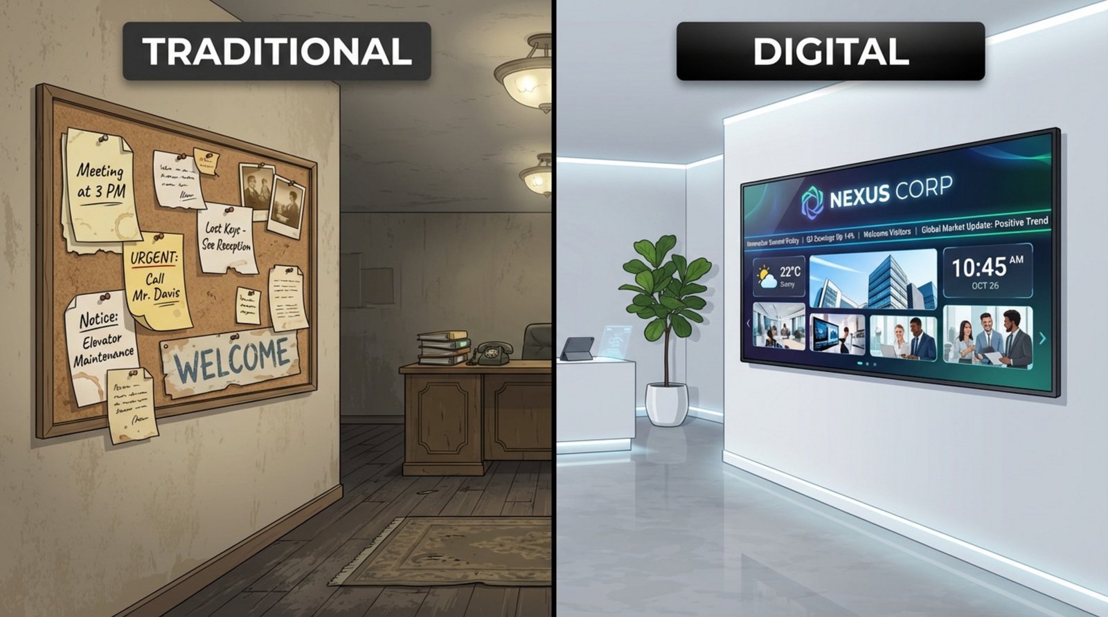 Split-screen illustration contrasting traditional cluttered corkboard with faded notices and a modern digital display in a lobby.