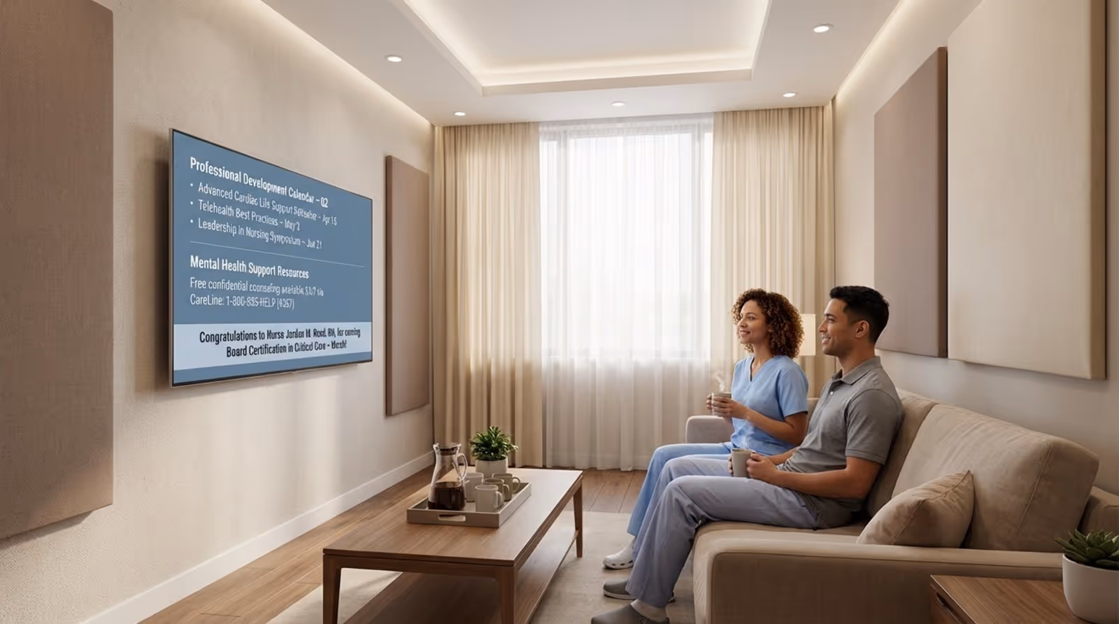 A modern hospital breakroom with healthcare professionals relaxing and viewing a digital schedule and support resources on a large screen.