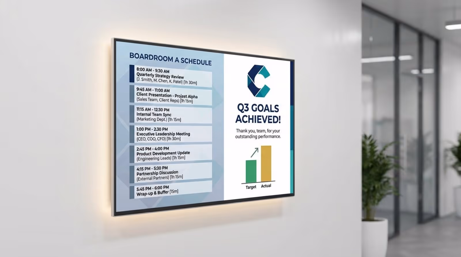 A digital signage screen displays a meeting schedule and company announcement with a clean, branded design.