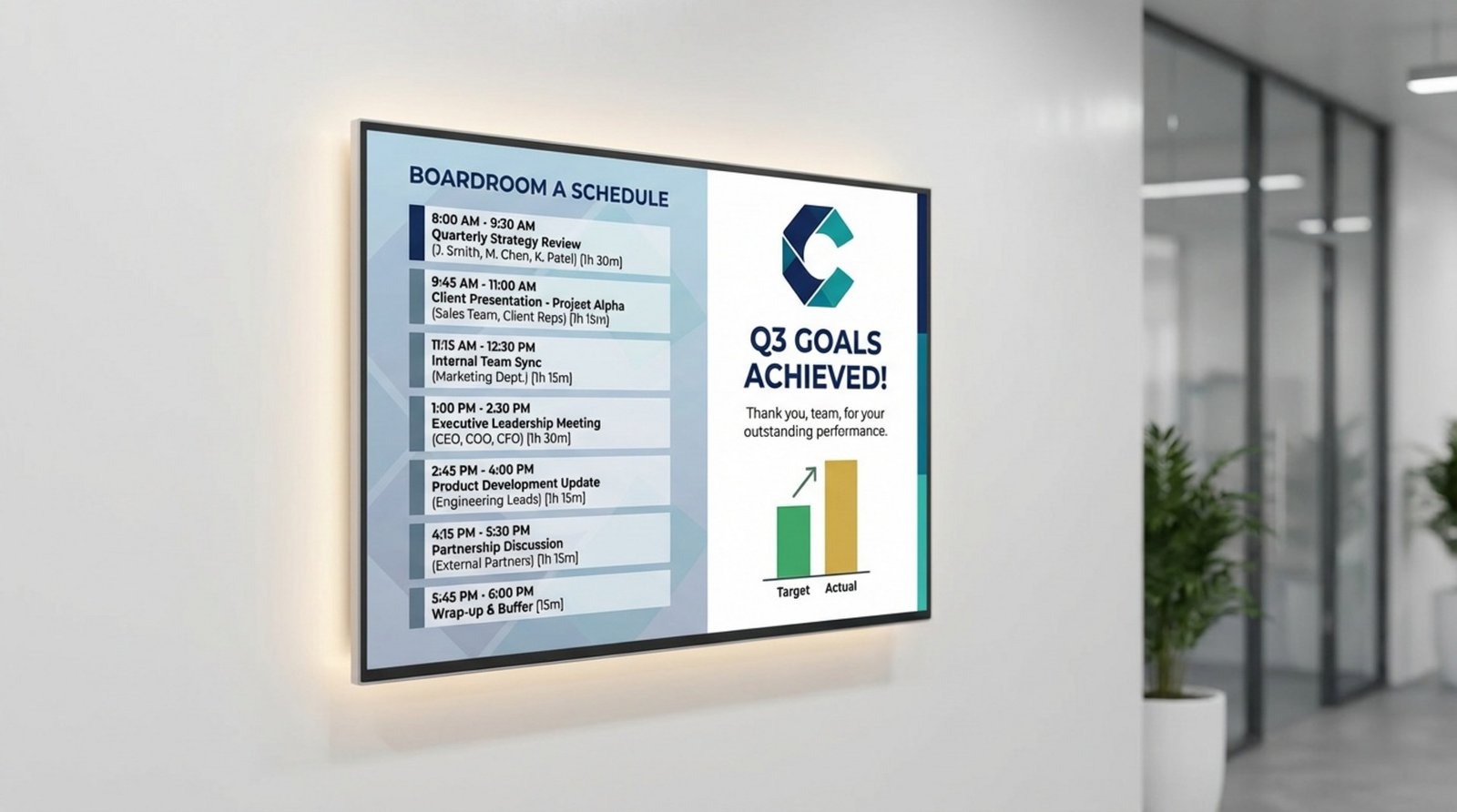 A digital signage screen displays a meeting schedule and company announcement with a clean, branded design.
