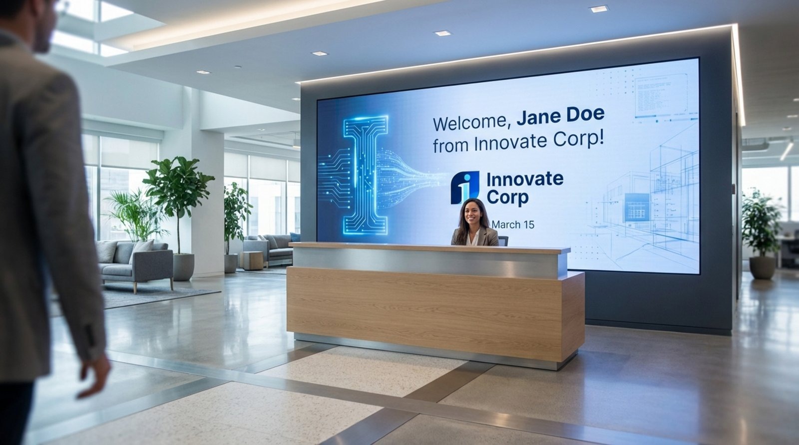 A guest enters a modern office lobby with a digital screen displaying a personalized welcome message and the company's branding.