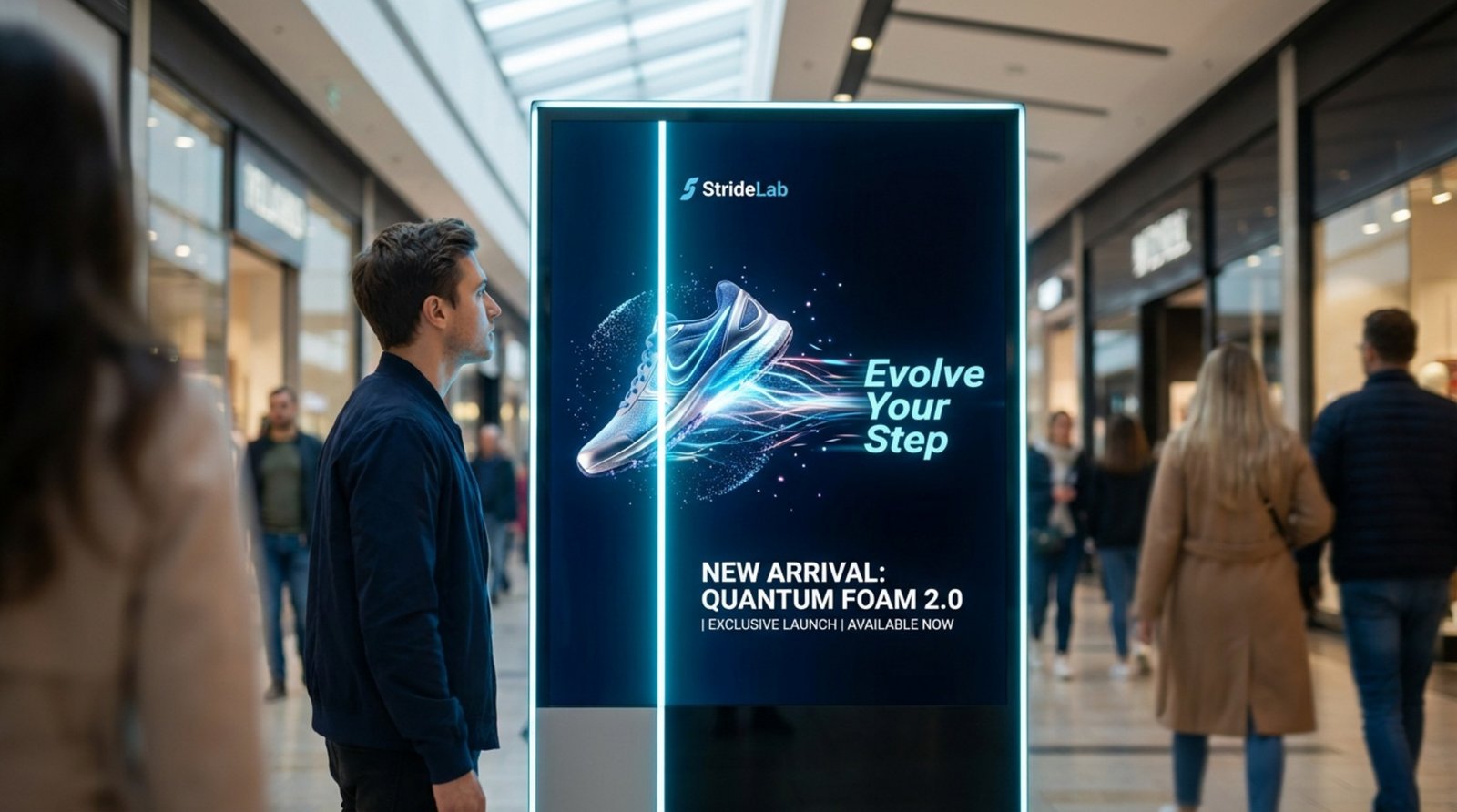 A shopper's face illuminated by a bright digital shoe advertisement in a busy mall corridor.