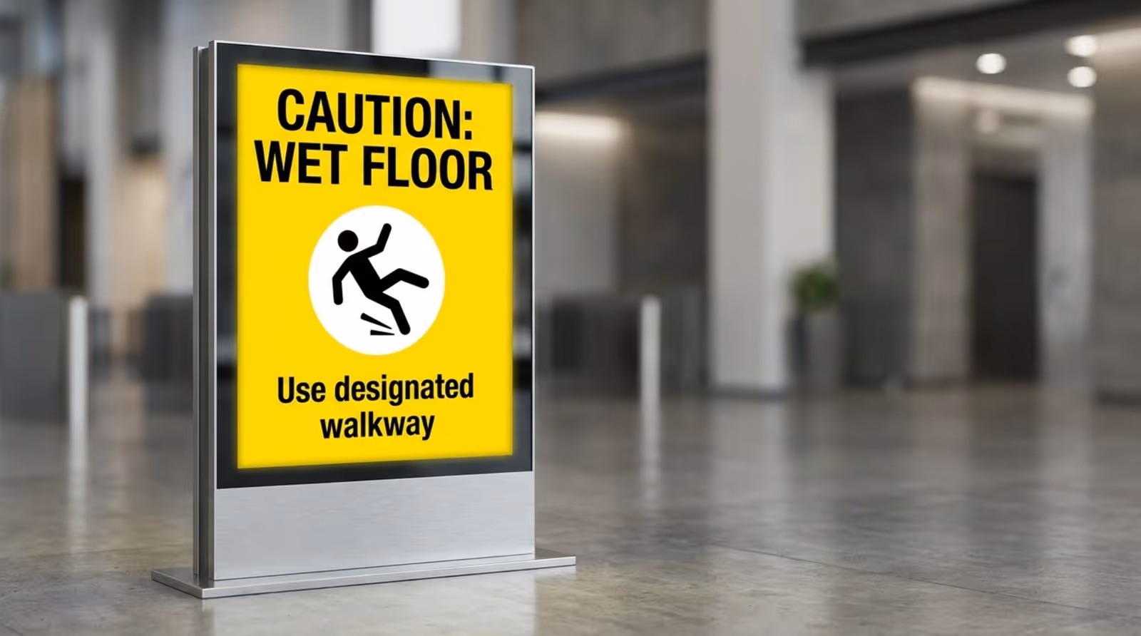 A digital screen displaying a safety message with a yellow background, black text, and a slipping icon to warn about a wet floor.